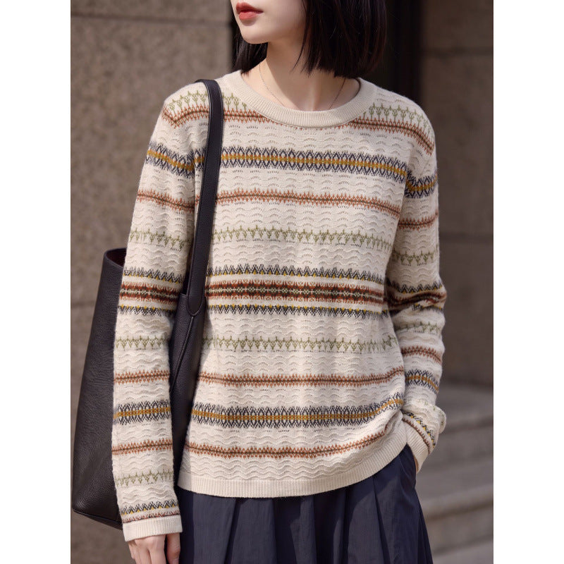 Damen Leichter Rundhals-Pullover im Norwegerstreifen-Design mit strukturierter Ajouroptik Echoarchiv