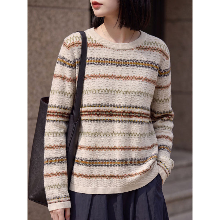 Damen Leichter Rundhals-Pullover im Norwegerstreifen-Design mit strukturierter Ajouroptik Echoarchiv