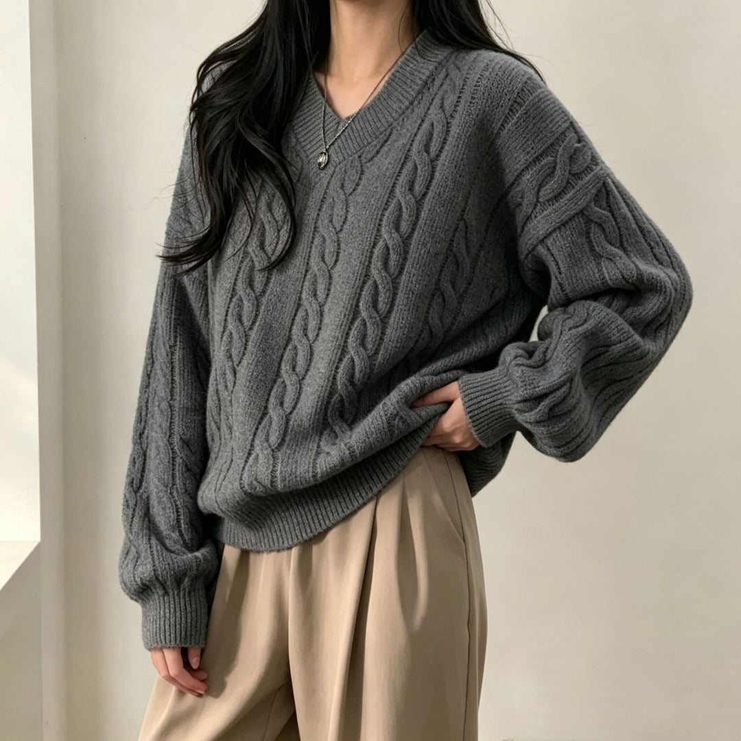 Damen Oversize Zopfmuster V-Ausschnitt Strickpullover mit überschnittener Schulter – Mavelle