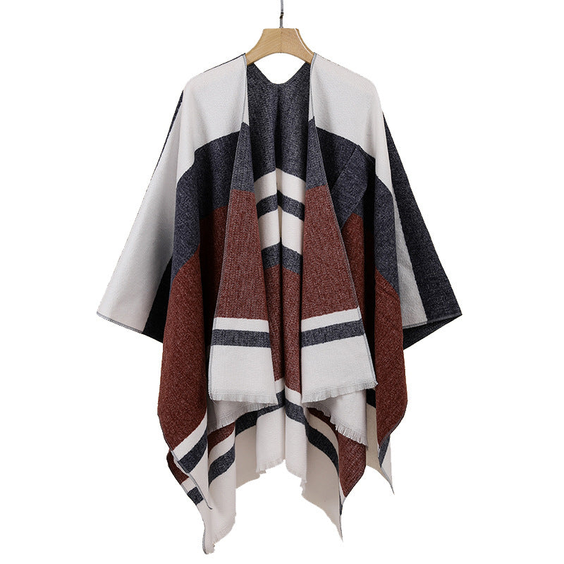 Damen Leichter Capeponcho aus Feinstrick mit geometrischem Blockstreifen-Design – Célinea