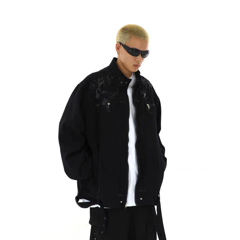 Herren Oversized Utility-Jacke mit Stickerei, Stehkragen, Reißverschluss und langen Gurtbändern Echoarchiv