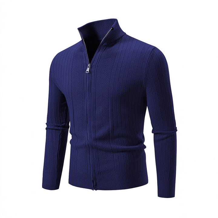 Herren Schmal geschnittene Feinstrick-Zipjacke mit Stehkragen und markanter Rippstruktur Echo Archiv