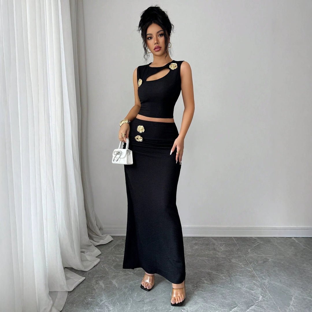 Damen nan zweiteiliges tailliertes Set mit asymmetrischem Cut-Out Crop-Top und figurbetontem Maxi-Bleistiftrock Echo Archiv