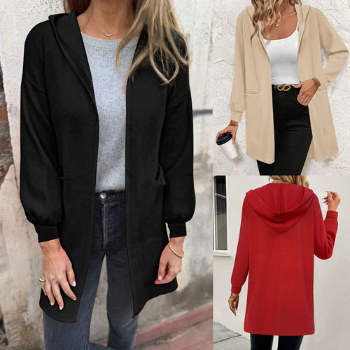 Damen Langer Kapuzen-Cardigan mit Eingrifftaschen und gerippten Bündchen – Veloura