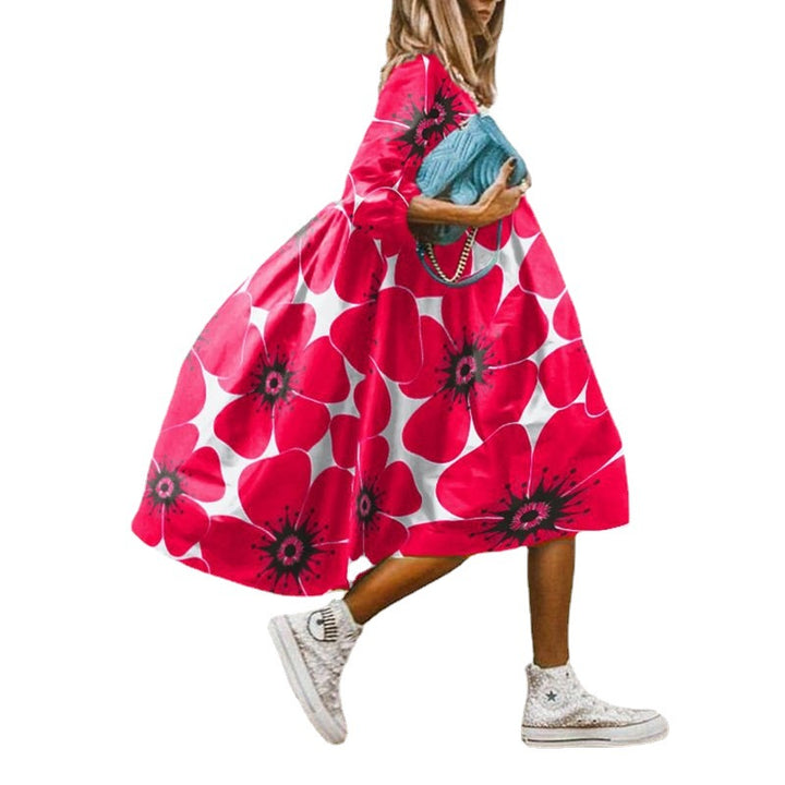 Damen nan leichtes Baumwoll-Swingkleid mit großem Blumenprint, 3/4-Ballonärmeln und geraffter Taille Echo Archiv