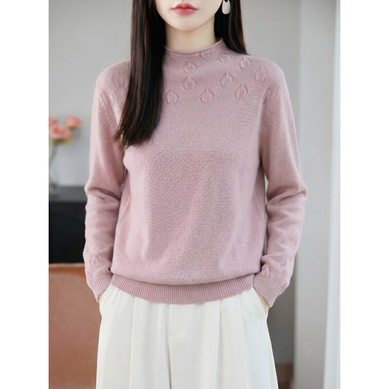 Damen Leichter Stehkragenpullover mit floralem Ajour‑Yoke und feiner Rippkante Echoarchiv