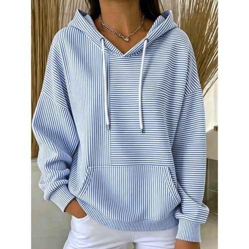 Damen Oversize Kapuzenpullover mit feinem Streifenprint, Kängurutasche und V-Ausschnitt-Kapuze – Auréline
