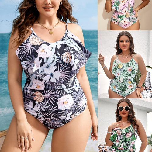 Damen Einteiler Badeanzug mit raffinierten Rüschendetails und floralem Design Echo Archiv