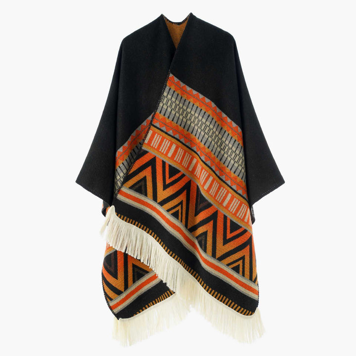 Damen Jacquard‑Ruana mit Fransen und folklorem Muster – Avérine