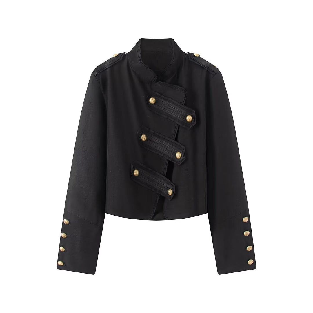 Damen Kurze Militärjacke mit Stehkragen und goldenen Zierknöpfen Echo Archiv