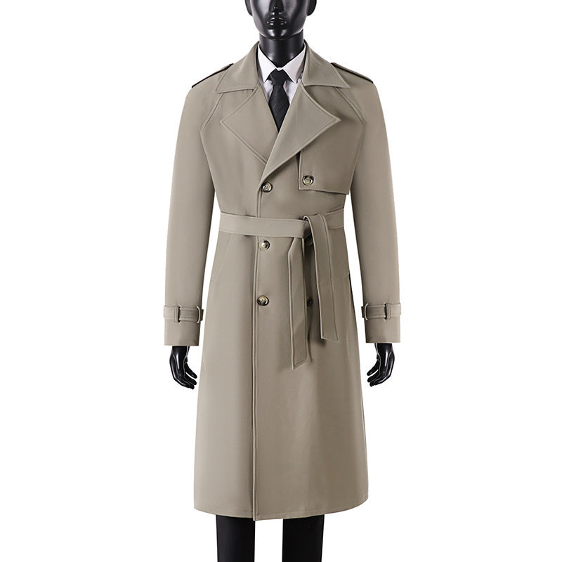 Herren Langer Minimalistischer Trenchcoat mit Sturmklappe Taillengürtel und verstellbaren Manschetten Echoarchiv