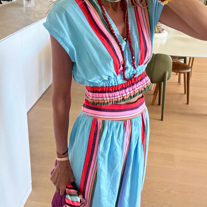 Damen Strandmaxi-Kleid mit elastischem Taillenbund und buntem Streifenmuster Echoarchiv