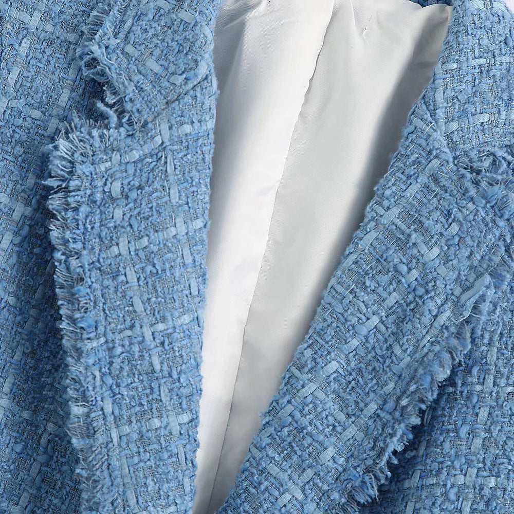Damen Doppelreihiger Bouclé-Tweed-Blazer mit Fransenbesatz Echoarchiv