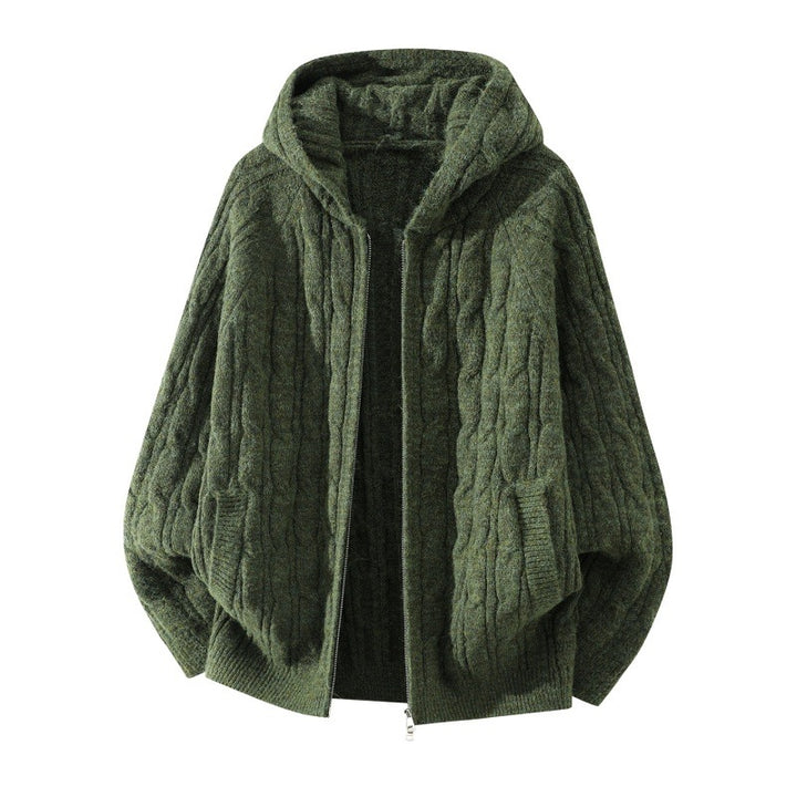 Damen Oversize Zopfstrick-Kapuzencardigan mit durchgehendem Reißverschluss und Ballonärmeln Echoarchiv