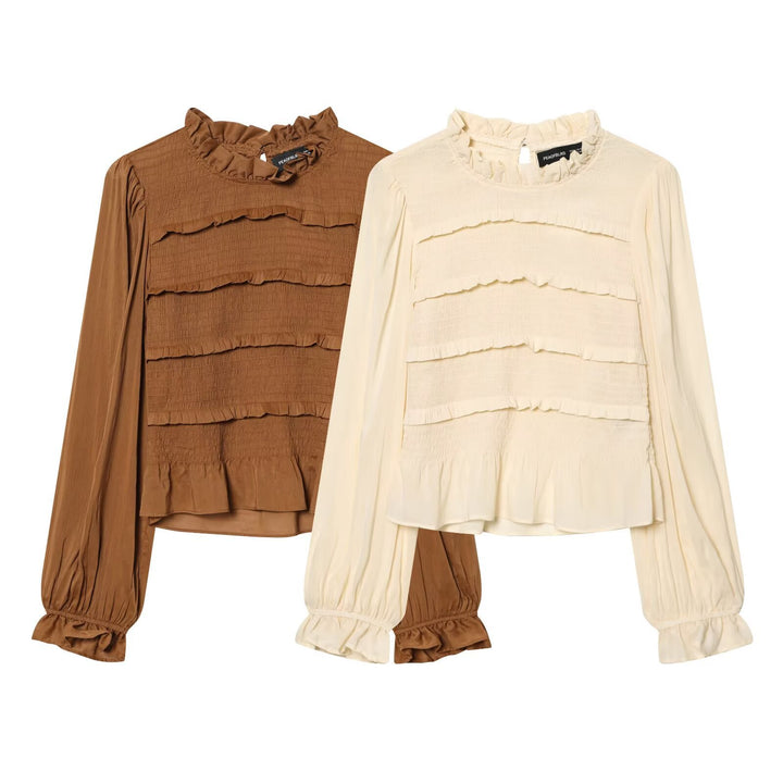 Damen Rüschenbluse mit smock‑Tiers, Stehkragen und weiten Ballonärmeln Echo Archiv