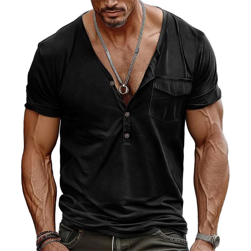 Herren Kurzarm-Henley-T-Shirt mit dekorativer Brusttasche und modernem Schnitt Echoarchiv