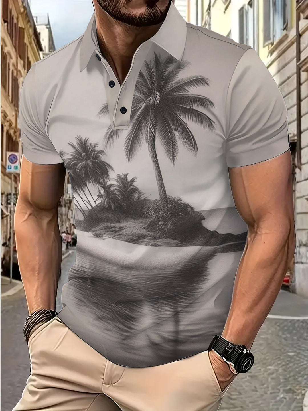 Herren Polohemd mit tropischem Motiv im Vintage-Stil Echoarchiv