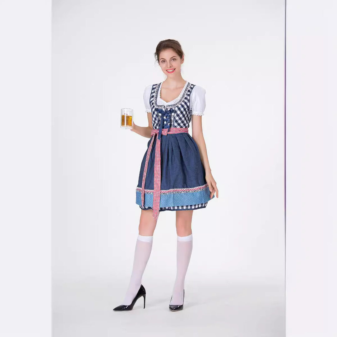 Damen nan traditionelles Trachten-Minikleid mit kariertem Schnürmieder, Puffärmelbluse und dekorativer Schürze Echo Archiv