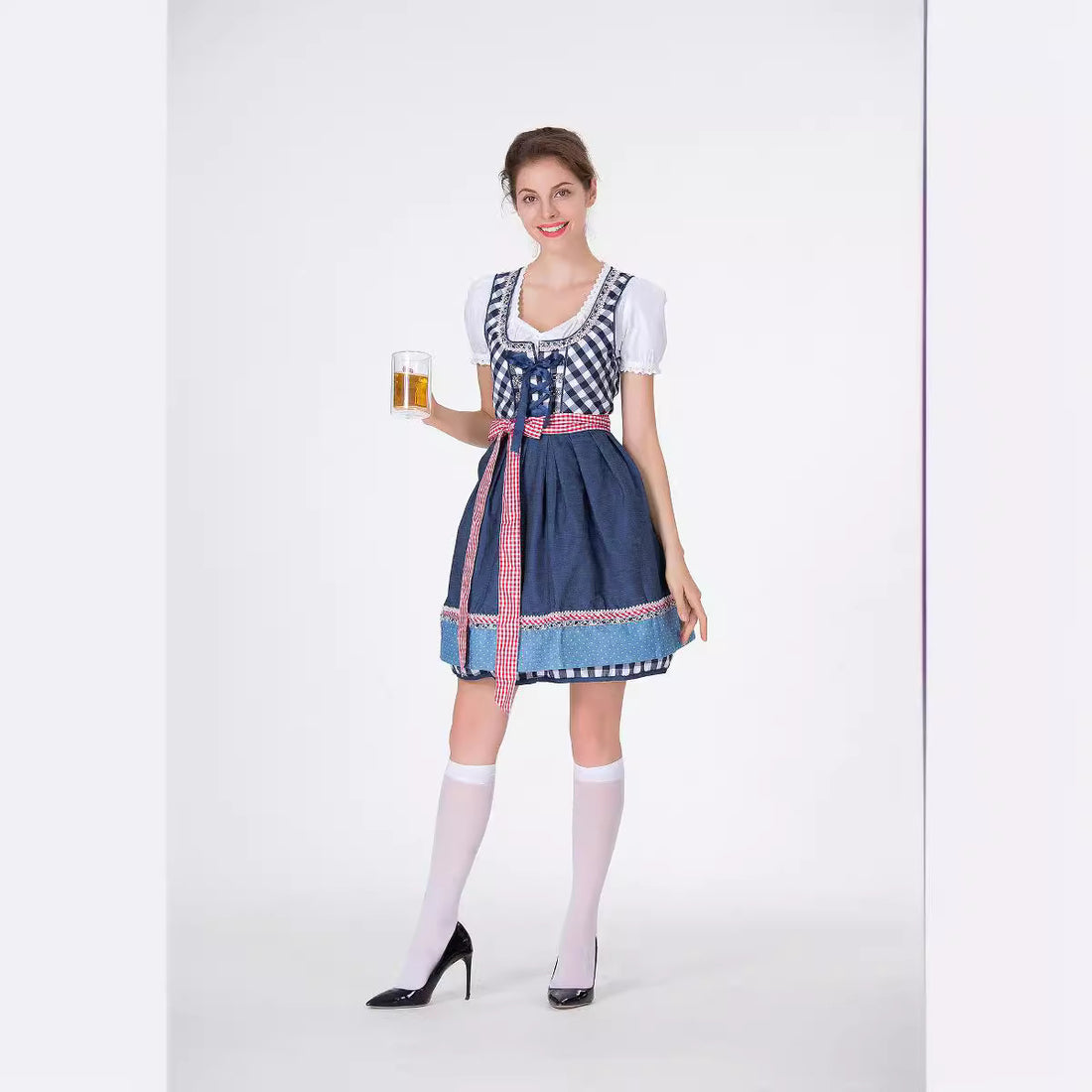 Damen traditionelles Trachten-Minikleid mit kariertem Schnürmieder, Puffärmelbluse und dekorativer Schürze – Élara