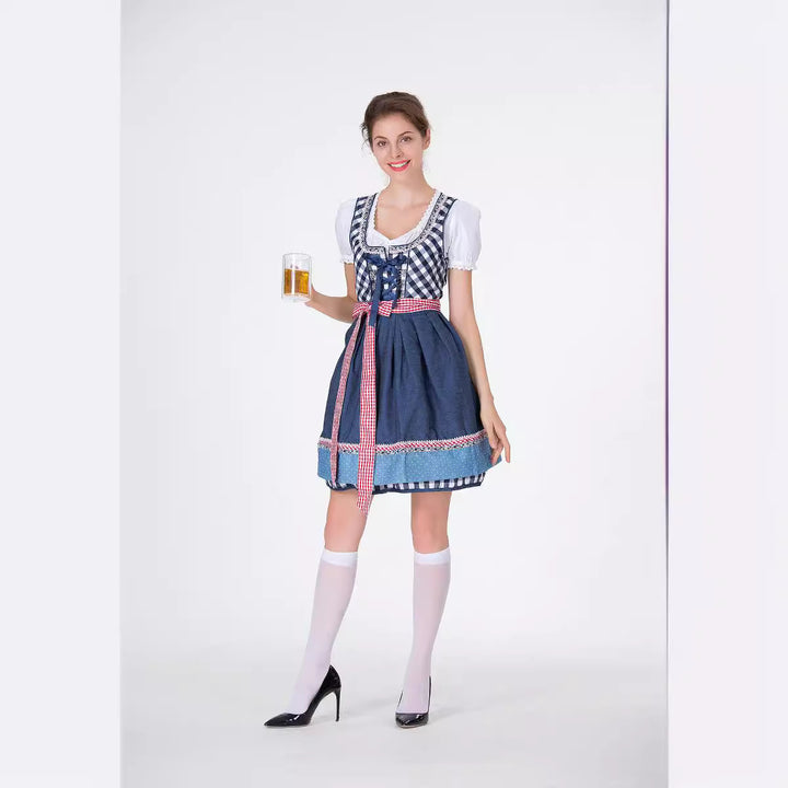 Damen nan traditionelles Trachten-Minikleid mit kariertem Schnürmieder, Puffärmelbluse und dekorativer Schürze Echo Archiv