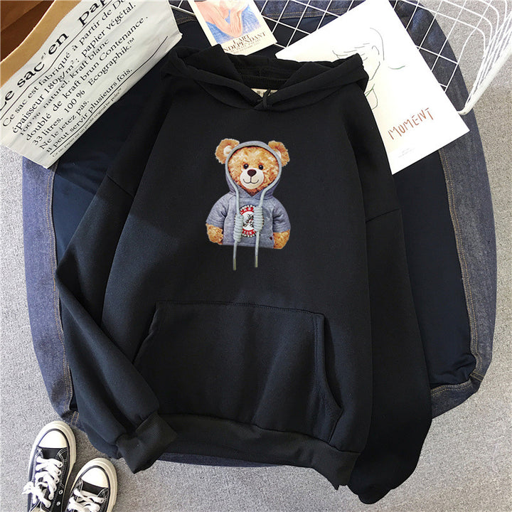 Unisex lässiger Oversize Kapuzenpullover mit Teddy-Frontprint, Kängurutasche und weichem Fleece-Innenfutter – Auréline