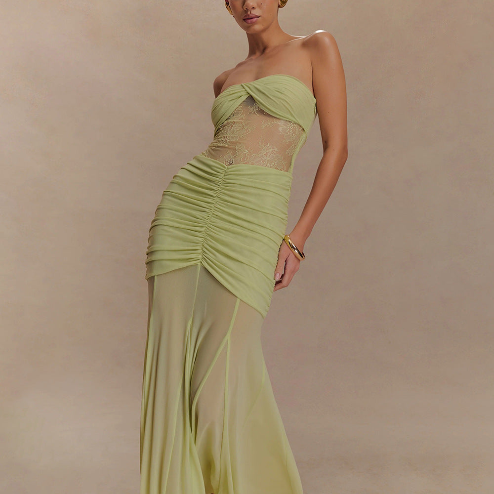 Damen Strapless Maxikleid mit raffinierten Drapierungen und Spitzen-Mix Echo Archiv