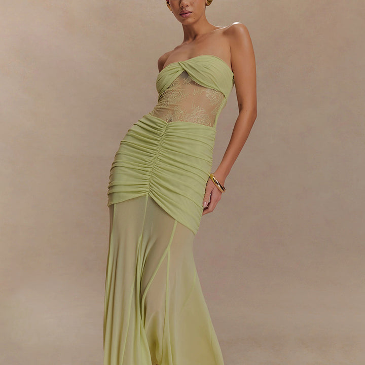 Damen Strapless Maxikleid mit raffinierten Drapierungen und Spitzen-Mix Echo Archiv