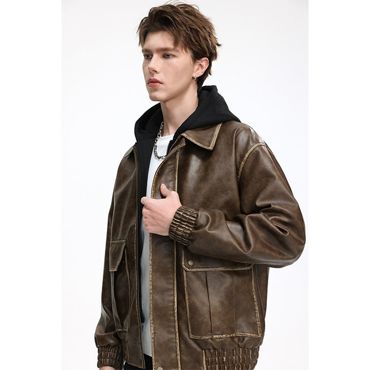 Herren Oversized Faux‑Leather Bomberjacke mit abnehmbarer Kapuze und Utility‑Taschen Echo Archiv