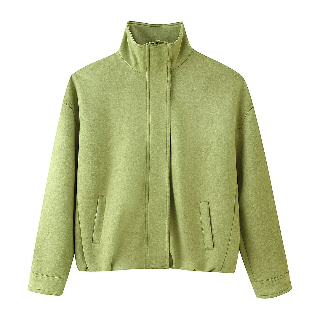Damen Minimalistische Stehkragen-Übergangsjacke mit verdecktem Reißverschluss und Eingrifftaschen Echo Archiv