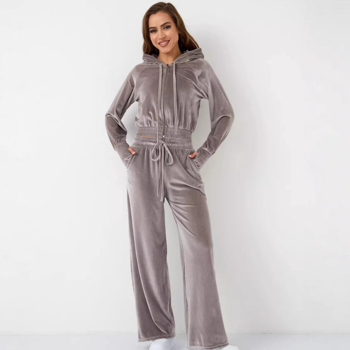 Damen luxuriöses Velours-Lounge-Set mit kurzem Reißverschluss-Hoodie und weitem Comfort-Hose – Auréline