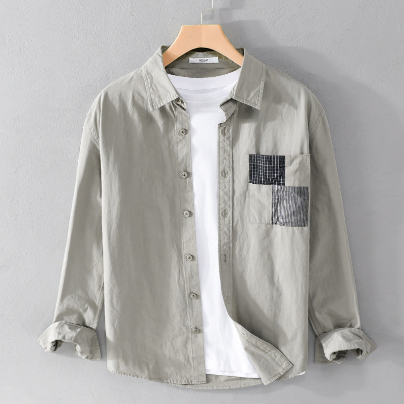 Herren Leichtes Baumwoll-Oversizehemd mit geometrischer Brustpatch-Tasche Echoarchiv
