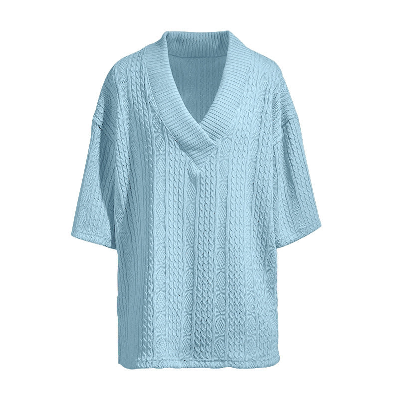 Damen nan Kurzarm-Strickpullover im weiten Schnitt mit tiefem V-Kragen und Zopfmuster Echo Archiv