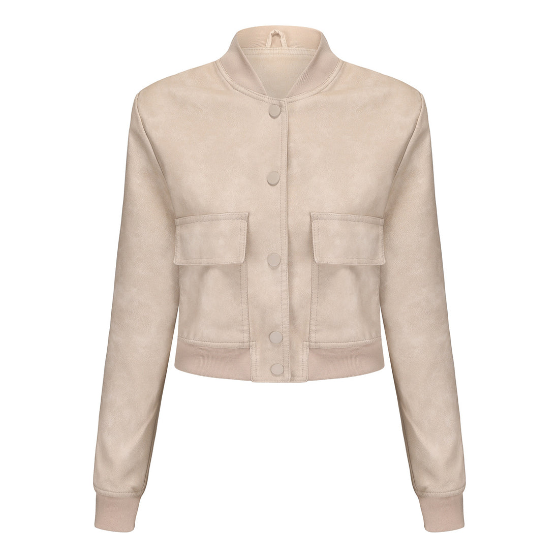 Damen kurze Crop-Kunstlederjacke im Blousonstil mit Druckknopffront und aufgesetzten Pattentaschen – Célinea