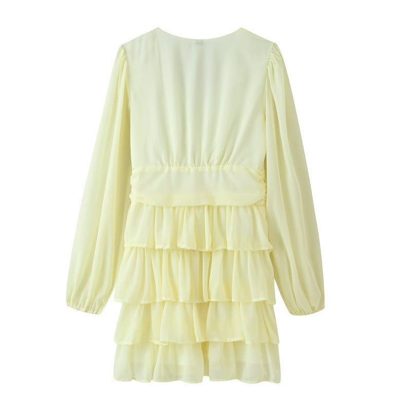Damen Chiffon‑Minikleid mit V‑Ausschnitt, langen Ärmeln und mehrlagigen Volants Echo Archiv