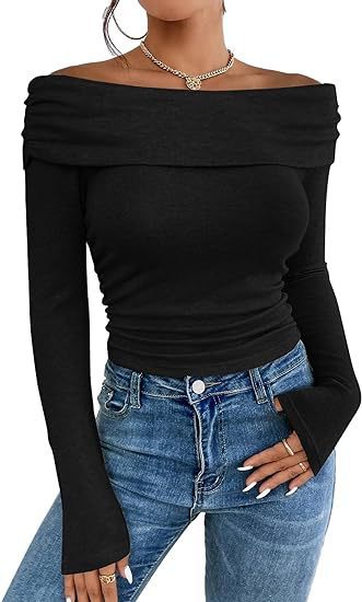 Damen Figurbetontes Schulterfreies Langarm Feinstrickshirt mit Carmenausschnitt Echo Archiv