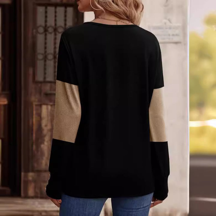 Damen Colorblock V‑Neck Feinstrickpullover mit dekorativen Manschettenknöpfen – Avérine