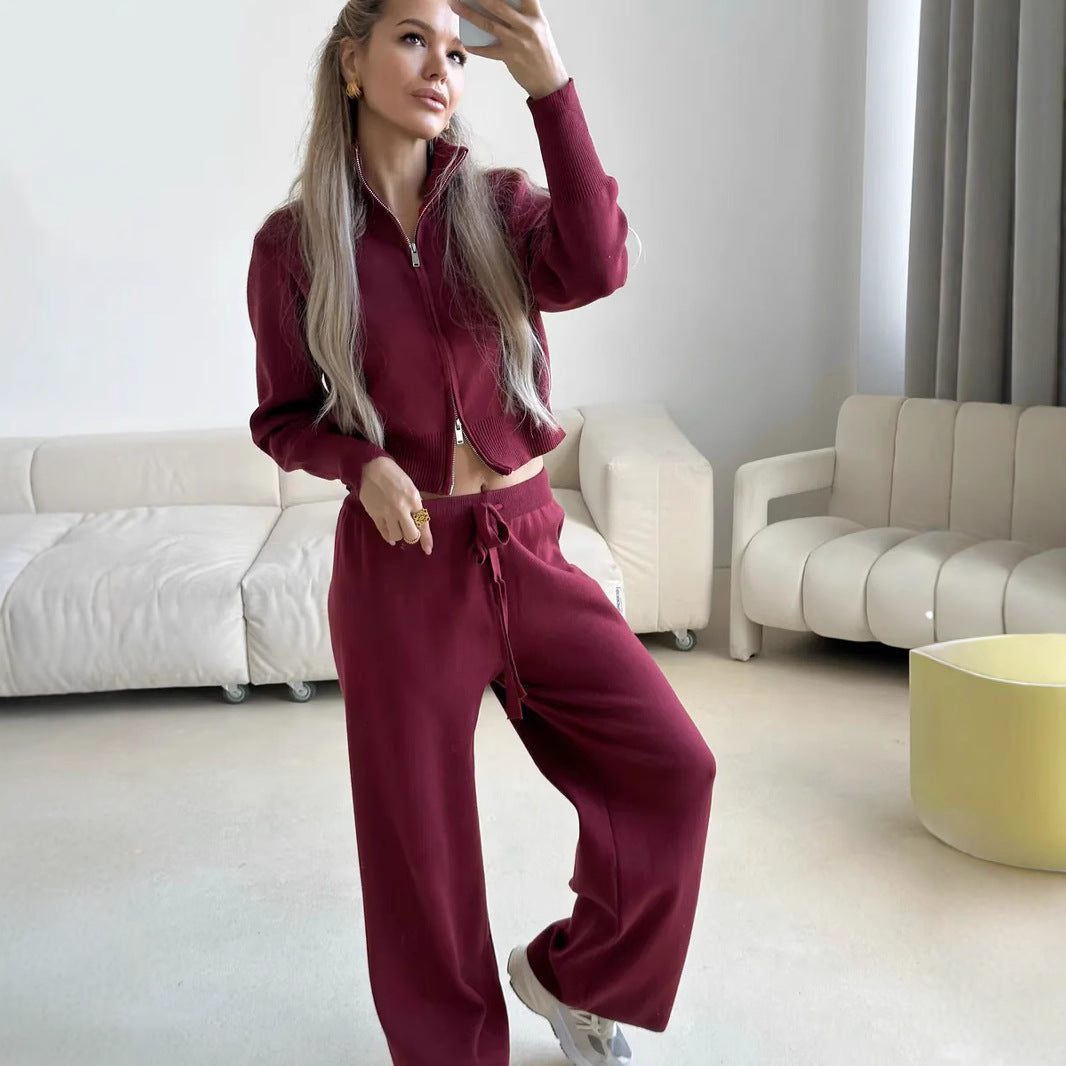 Damen gestricktes Lounge-Set mit kurzem Reißverschluss-Cardigan und weitem High-Waist-Jogginghose – Élanora