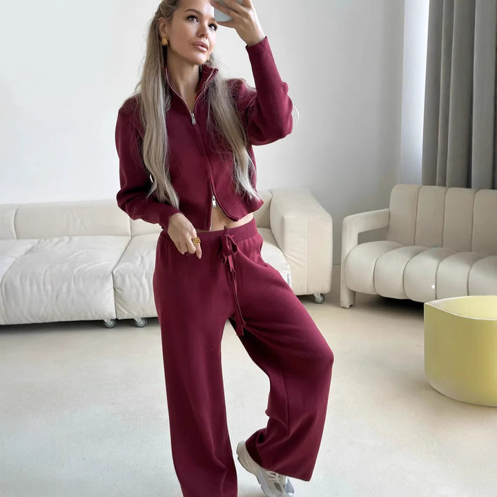 Damen gestricktes Lounge-Set mit kurzem Reißverschluss-Cardigan und weitem High-Waist-Jogginghose – Élanora