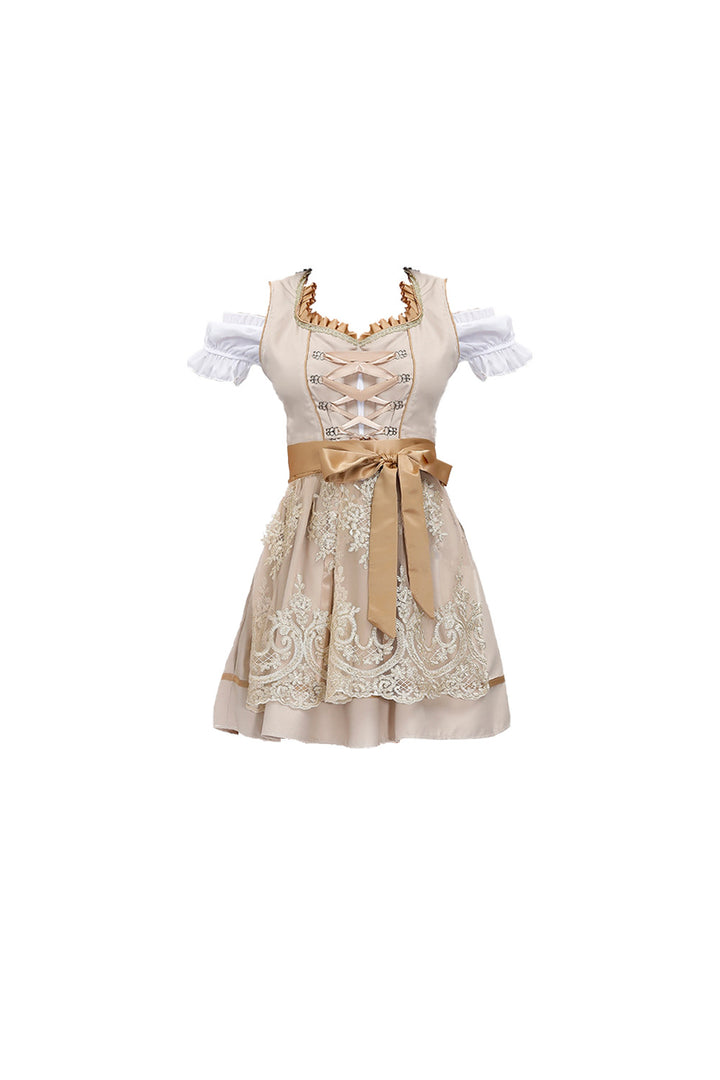 Damen nan bayerisches Trachtenkleid mit gepunktetem Mieder, Spitzeneinsätzen und geraffter Schürze Echo Archiv