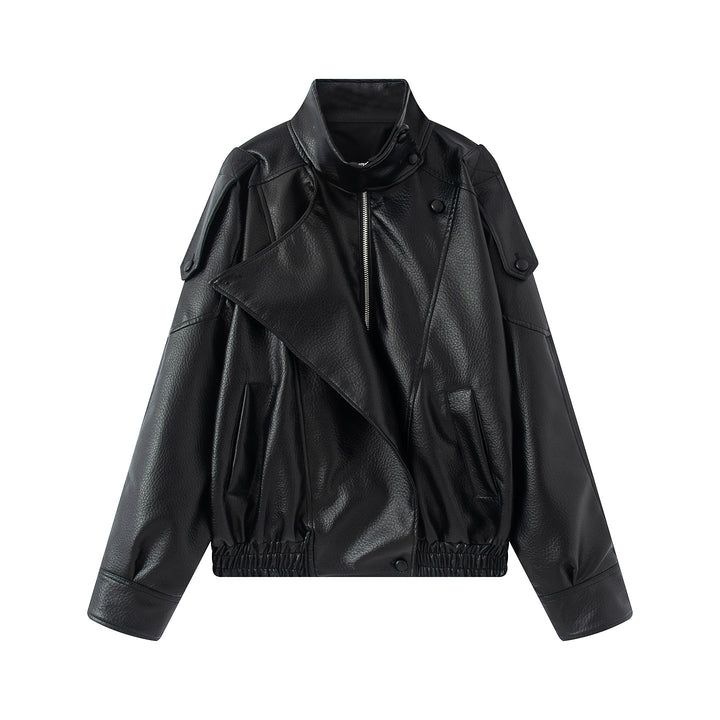 Damen asymmetrische Oversize Kunstlederjacke mit Stehkragen, Schulterklappen und Tunnelzugsaum – Célinea