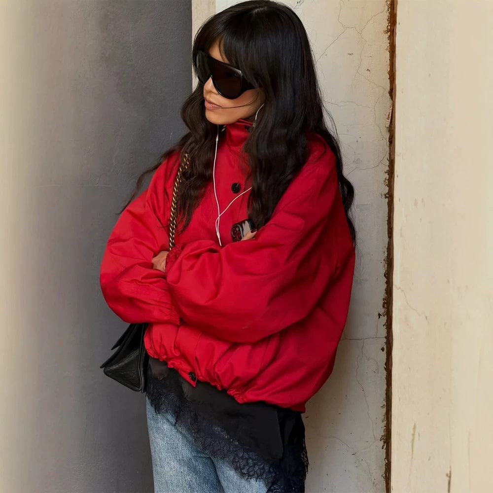 Damen Kurze Boxy-Bomberjacke mit Tunnelzug und Ballonärmeln Echoarchiv