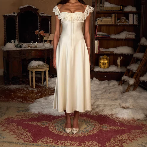 Damen Elegantes bodenlanges Kleid mit Spitzenbesatz Echo Archiv