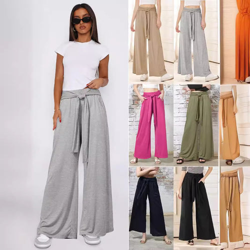 Damen Hochtaillierte Weite Palazzo-Hose mit Selbstbindendem Taillenbund und Seitentaschen – Avélisse