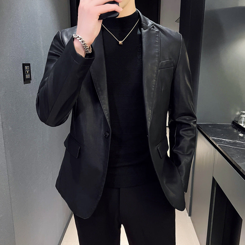 Herren eleganter Slim-Fit Lederimitat-Blazer mit Reverskragen und Pattentaschen Echoarchiv