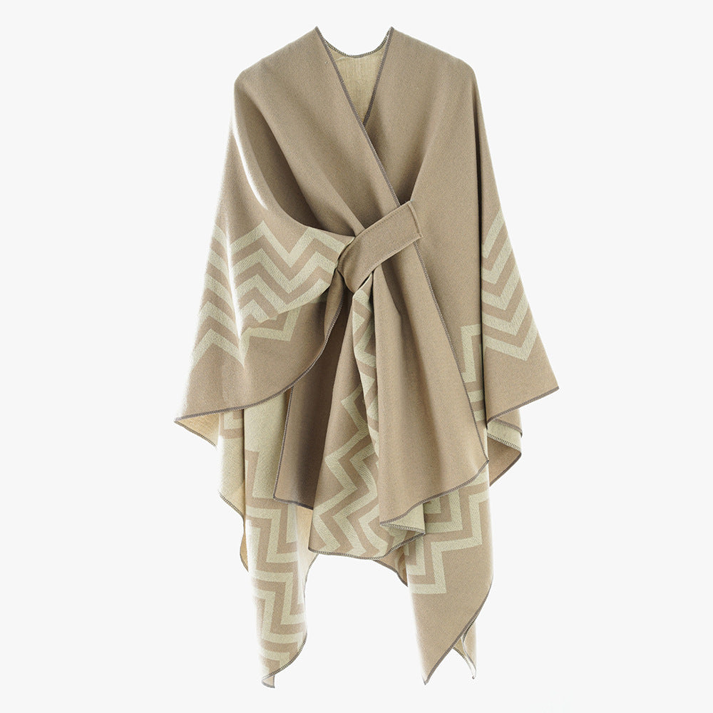 Damen Oversize Rechteck-Cape mit Jacquard-Zickzackmuster und Bindegürtel – Avérine