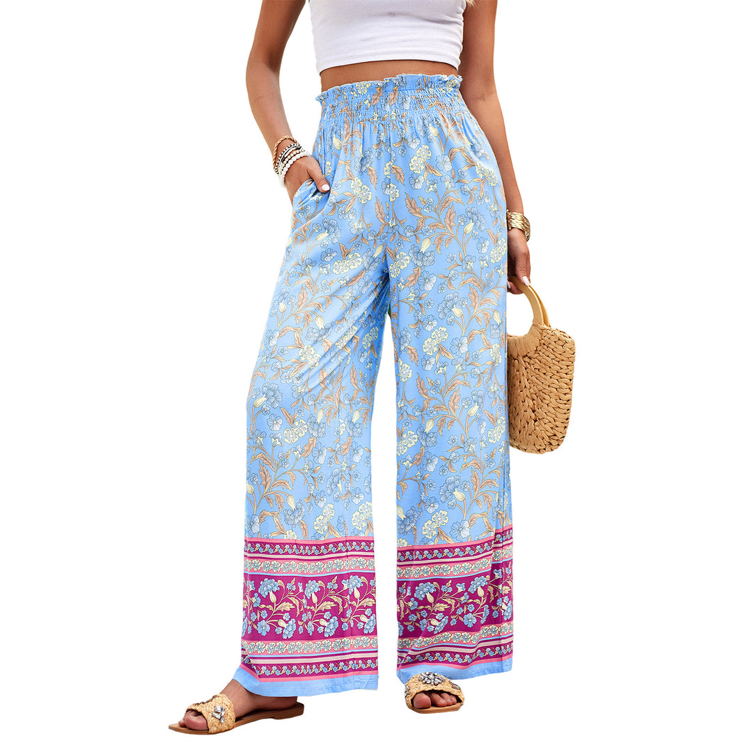 Damen weite Palazzohose mit gerafftem Bund, seitlichen Eingrifftaschen und floraler Boho-Print – Avélisse