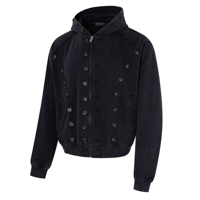 Herren Kapuzen-Zipjacke mit dekorischer Knopfreihe, vintage-inspirierter Waschung und elastischem Saum Echoarchiv