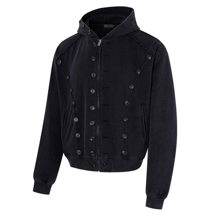 Herren Kapuzen-Zipjacke mit dekorischer Knopfreihe, vintage-inspirierter Waschung und elastischem Saum Echoarchiv