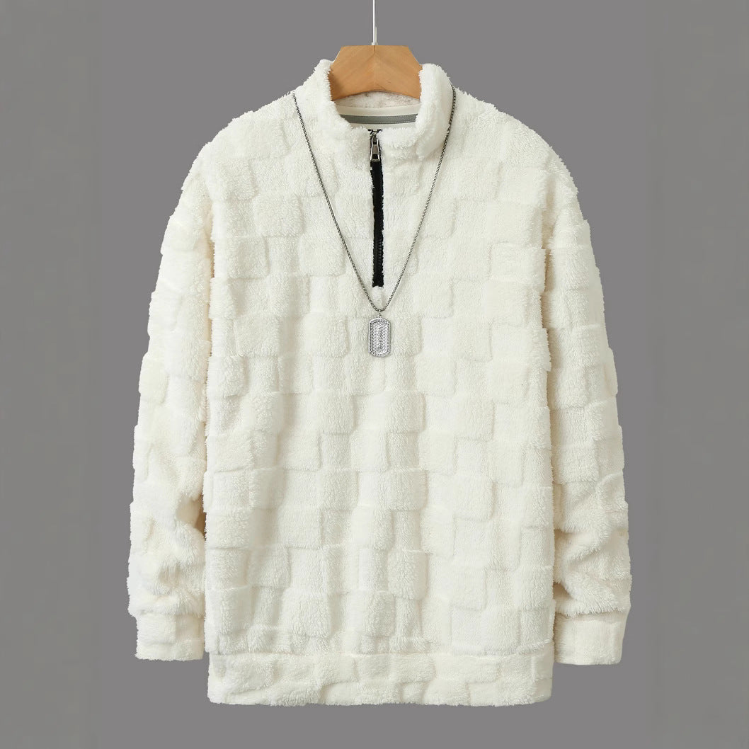 Herren karierter Sherpa-Halbzip-Pullover mit hohem Stehkragen und weicher Teddy-Fleece-Qualität – Cavarno