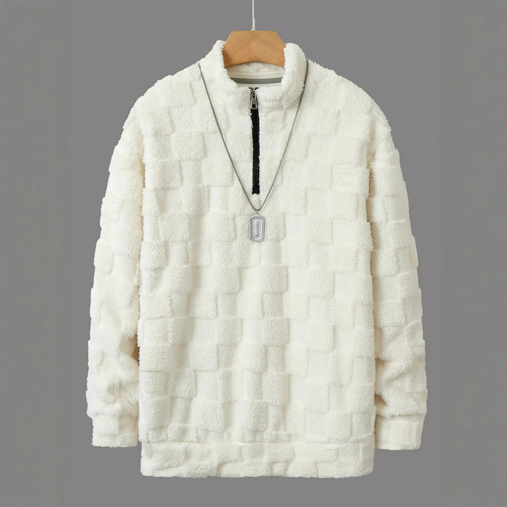 Herren karierter Sherpa-Halbzip-Pullover mit hohem Stehkragen und weicher Teddy-Fleece-Qualität – Cavarno